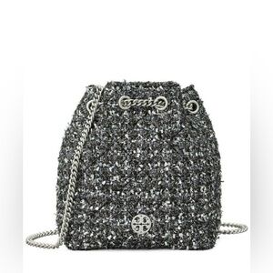 TORY BURCH Willa Metallic Tweed Small Drawstring Bag in Black Multi